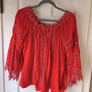 Coastal Cowgirl Bohemian Orange Coral Lace Top Bell Sleeves Side Tie XL